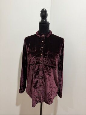 Maeve Anthropologie Burgundy / Plum Velvet Button Down Shirt